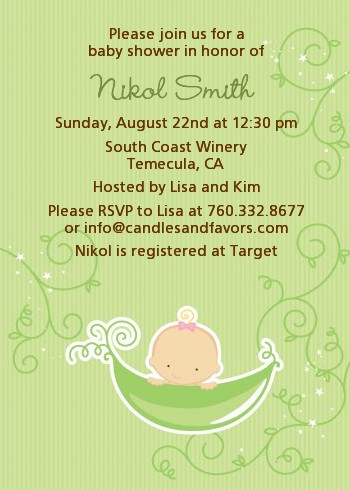 Sweet Pea Caucasian Girl - Baby Shower Invitations