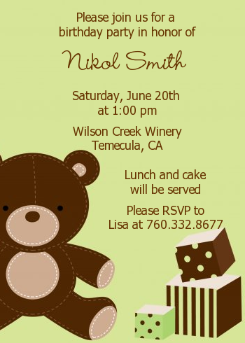  Teddy Bear - Birthday Party Invitations Green