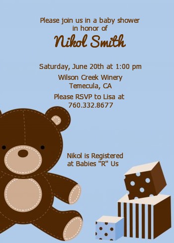 Teddy Bear Blue - Baby Shower Invitations