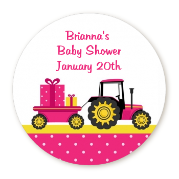  Tractor Truck Pink - Round Personalized Baby Shower Sticker Labels 