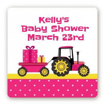 Tractor Truck Pink - Square Personalized Baby Shower Sticker Labels