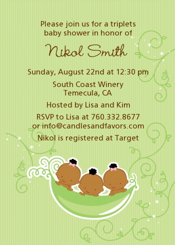  Triplets Three Peas in a Pod African American - Baby Shower Invitations Triplet Boys