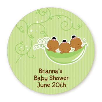  Triplets Three Peas in a Pod African American - Round Personalized Baby Shower Sticker Labels Triplet Boys