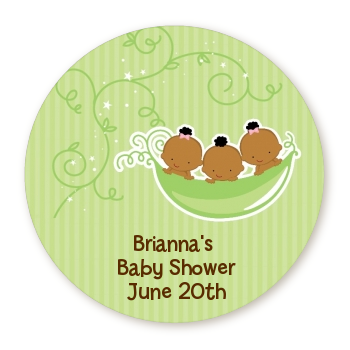  Triplets Three Peas in a Pod African American - Round Personalized Baby Shower Sticker Labels Triplet Boys