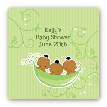  Triplets Three Peas in a Pod African American - Square Personalized Baby Shower Sticker Labels Three Boys