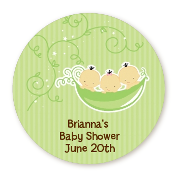  Triplets Three Peas in a Pod Asian - Round Personalized Baby Shower Sticker Labels Three Girls