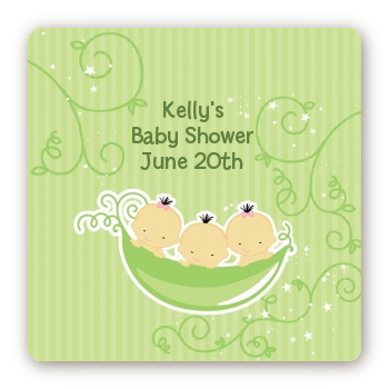  Triplets Three Peas in a Pod Asian - Square Personalized Baby Shower Sticker Labels Three Boys