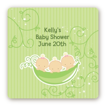  Triplets Three Peas in a Pod Caucasian - Square Personalized Baby Shower Sticker Labels Three Boys