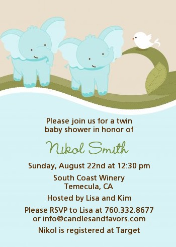 Twin Elephant Boys - Baby Shower Invitations