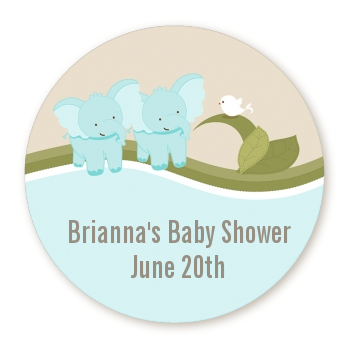  Twin Elephant Boys - Round Personalized Baby Shower Sticker Labels 