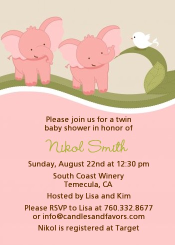 Twin Elephant Girls - Baby Shower Invitations