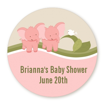  Twin Elephant Girls - Round Personalized Baby Shower Sticker Labels 