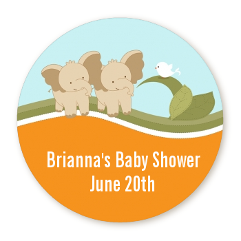  Twin Elephants - Round Personalized Baby Shower Sticker Labels 