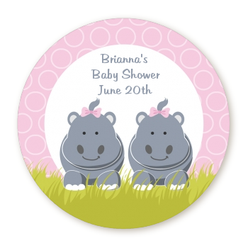  Twin Hippo Girls - Round Personalized Baby Shower Sticker Labels 