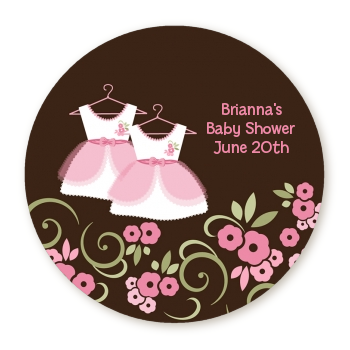 Twin Little Girl Outfits - Round Personalized Baby Shower Sticker Labels 