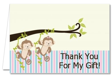 Twin Monkey 1 Girl and 1 Boy - Baby Shower Thank You Cards