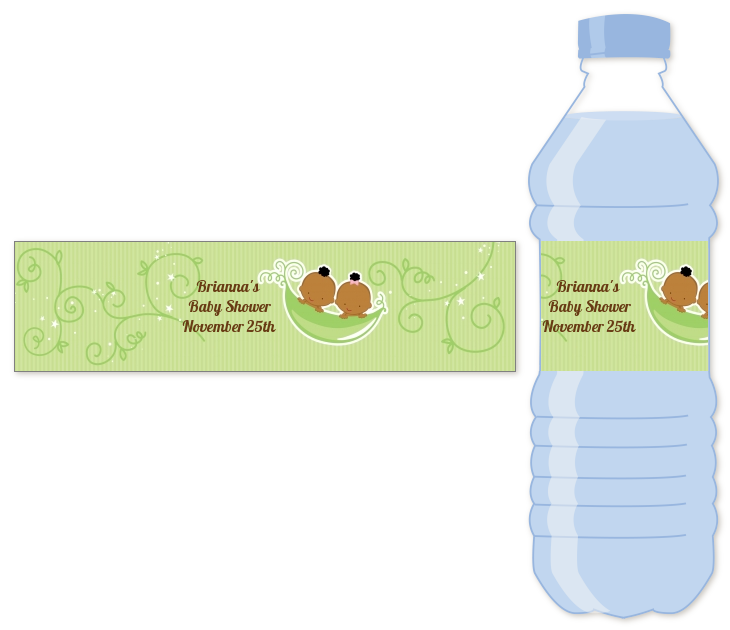  Twins Two Peas in a Pod African American - Personalized Baby Shower Water Bottle Labels 1 Girl 1 Boy