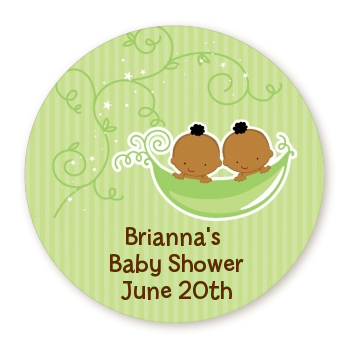  Twins Two Peas in a Pod African American - Round Personalized Baby Shower Sticker Labels One Girl One Boy