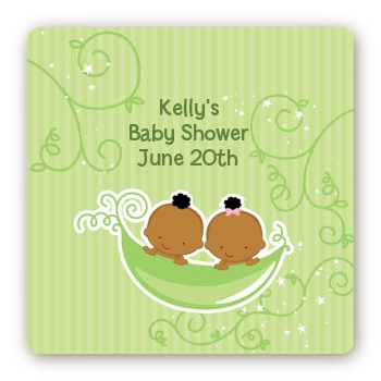  Twins Two Peas in a Pod African American - Square Personalized Baby Shower Sticker Labels Twin Boys