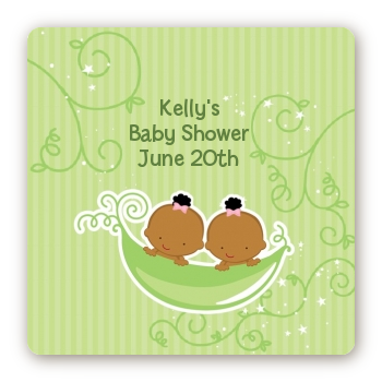  Twins Two Peas in a Pod African American - Square Personalized Baby Shower Sticker Labels Twin Boys