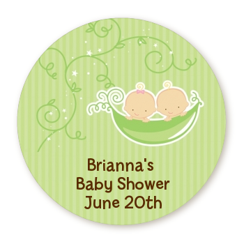  Twins Two Peas in a Pod Caucasian - Round Personalized Baby Shower Sticker Labels Two Boys