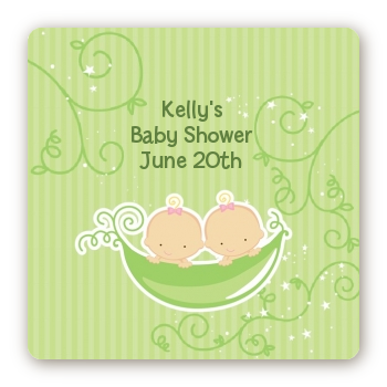  Twins Two Peas in a Pod Caucasian - Square Personalized Baby Shower Sticker Labels Two Boys