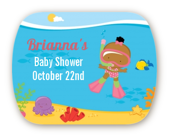 Under the Sea African American Baby Girl Snorkeling - Personalized Baby Shower Rounded Corner Stickers