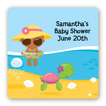 Beach Baby African American Girl - Square Personalized Baby Shower Sticker Labels