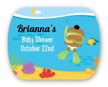 Under the Sea African American Baby Snorkeling - Personalized Baby Shower Rounded Corner Stickers