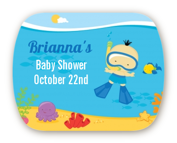 Under the Sea Asian Baby Boy Snorkeling - Personalized Baby Shower Rounded Corner Stickers