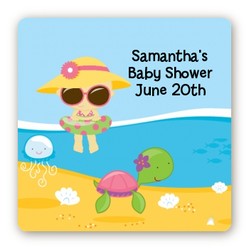 Beach Baby Girl - Square Personalized Baby Shower Sticker Labels