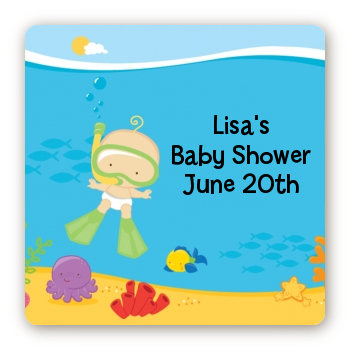 Under the Sea Baby Snorkeling - Square Personalized Baby Shower Sticker Labels