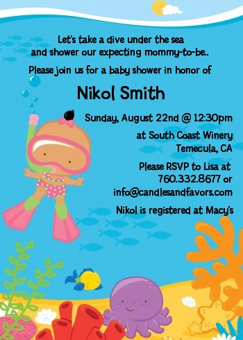 Under the Sea Hispanic Baby Girl Snorkeling - Baby Shower Invitations