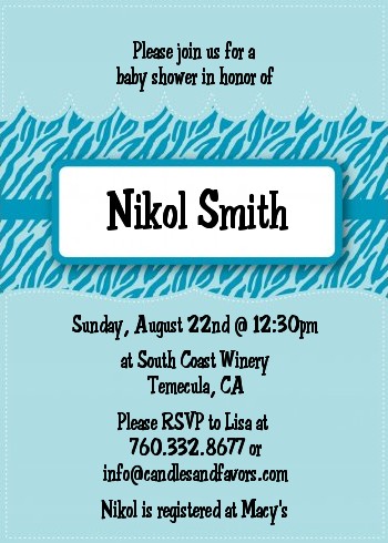 Zebra Print Blue - Baby Shower Invitations