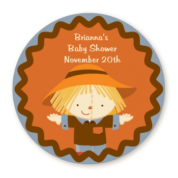  Scarecrow Fall Theme - Round Personalized Baby Shower Sticker Labels 