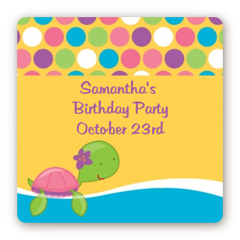 Sea Turtle Girl - Square Personalized Birthday Party Sticker Labels