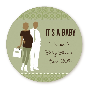  Silhouette Couple African American It's a Baby Neutral - Round Personalized Baby Shower Sticker Labels 
