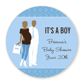  Silhouette Couple African American It's a Boy - Round Personalized Baby Shower Sticker Labels 