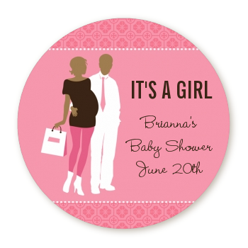  Silhouette Couple African American It's a Girl - Round Personalized Baby Shower Sticker Labels 