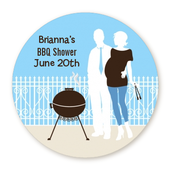  Silhouette Couple BBQ Boy - Round Personalized Baby Shower Sticker Labels 