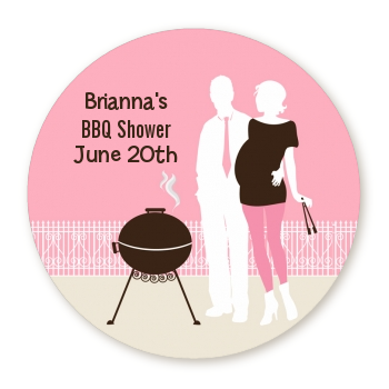  Silhouette Couple BBQ Girl - Round Personalized Baby Shower Sticker Labels 