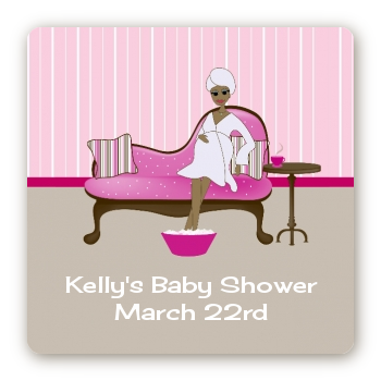 Spa Mom Pink African American - Square Personalized Baby Shower Sticker Labels