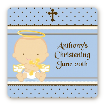 Angel Baby Boy Caucasian - Square Personalized Baptism / Christening Sticker Labels