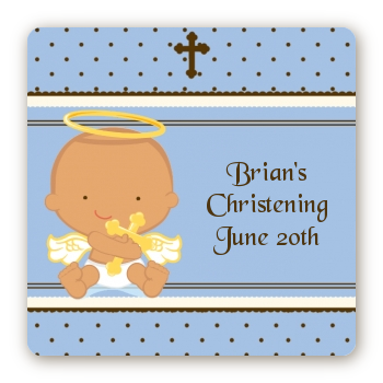 Angel Baby Boy Hispanic - Square Personalized Baptism / Christening Sticker Labels