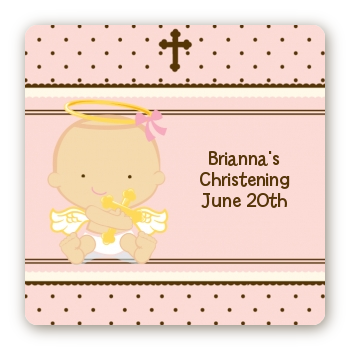 Angel Baby Girl Caucasian - Square Personalized Baptism / Christening Sticker Labels