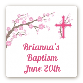 Cross Cherry Blossom - Square Personalized Baptism / Christening Sticker Labels