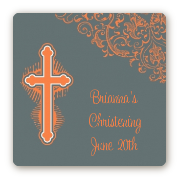 Cross Grey & Orange - Square Personalized Baptism / Christening Sticker Labels