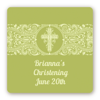 Cross Sage Green - Square Personalized Baptism / Christening Sticker Labels