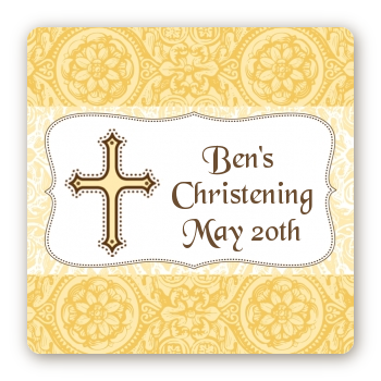 Cross Yellow & Brown - Square Personalized Baptism / Christening Sticker Labels