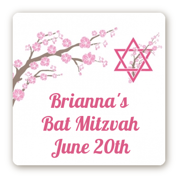 Jewish Star of David Cherry Blossom - Square Personalized Bar / Bat Mitzvah Sticker Labels